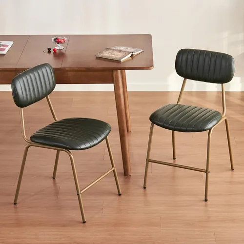 Vista 8 de Juego de 2 sillas de comedor modernas de mediados de siglo, sillas retro con asiento/respaldos tapizados de piel sintética y patas de metal Negro