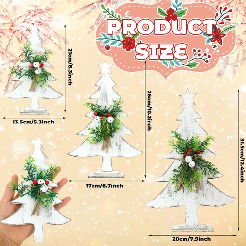 Vista 2 de 3 piezas de decoración de árbol de Navidad en madera estilo granja, árboles de Navidad de madera rústicos pequeños con lijas de arena, estrellas