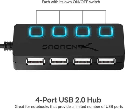 Vista 2 de SABRENT Hub de datos USB 2.0 de 4 puertos con interruptores de alimentación individuales con LED iluminados [no se admite la carga] para Mac y PC