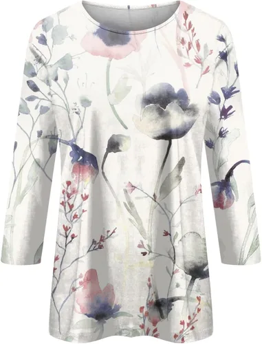 Vista 3 de Camisetas elegantes para mujer, a la moda, casual, de manga de siete puntos, cuello redondo, camisetas de moda para mujer