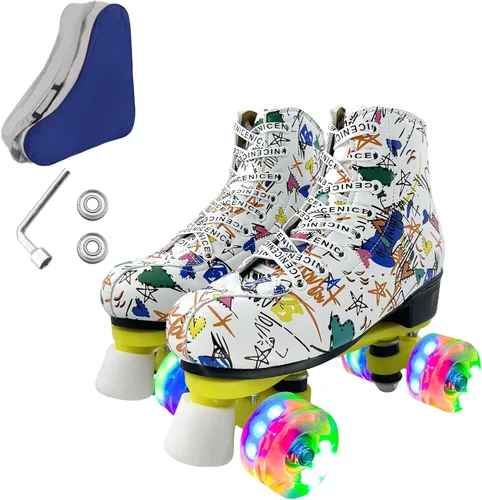 Vista 11 de Patines de ruedas para hombres y mujeres, patines Derby negros con 4 ruedas brillantes, patines clásicos de doble fila para interiores y exteriores