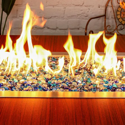 Vista 5 de Hisencn Cuentas de vidrio de fuego para hoguera de 1/2 pulgada, rocas de vidrio de fuego azul mezclado para chimenea de gas propano o natural