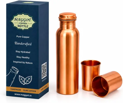 Vista 10 de MAGGOT Copper Water Bottle With 2 Glass Tumbler Ayurvedic Drinking 34 Oz