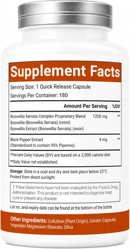 Vista 3 de Boswellia Serrata 1200 mg con 4 mg de pimienta negra BioPerine por porción, 180 cápsulas vegetarianas, sin OMG y sin gluten