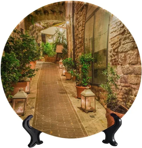 Vista 37 de Plato decorativo colgante de cerámica con temática de paisaje, plato decorativo redondo de plantas en maceta, con soporte decorativo, para sala