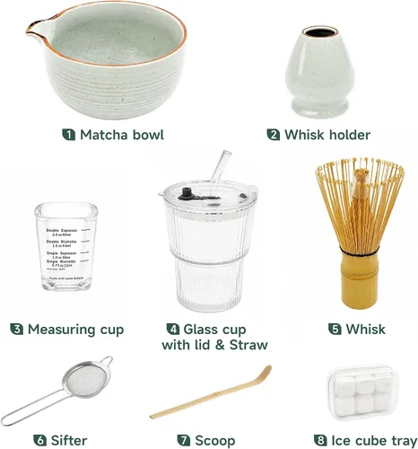 Vista 3 de Juego de batidor de matcha, kit completo de matcha con cuenco, batidor y soporte de bambú, cuchara, tamiz, taza de vidrio con tapa y pajita, bandeja