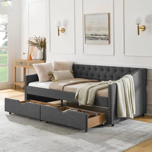 Vista 10 de Base de cama tamaño matrimonial de madera, base de cama diurna con 2 cajones de almacenamiento, sofá cama tapizada de tamaño matrimonial con diseño
