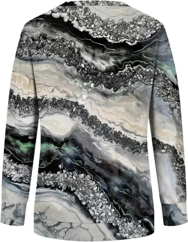 Vista 2 de Yesunpxs Camisas de manga larga para mujer, cuello redondo, casual, moderna, holgada, blusa estampada, suéter