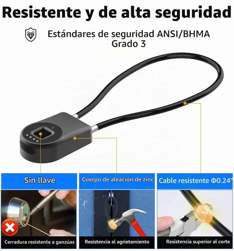 Vista 4 de Anweller Candado de cable de huellas dactilares, grillete pequeño de 14 pulgadas de largo, entrada sin llave, biométrico, Bluetooth, bloqueo