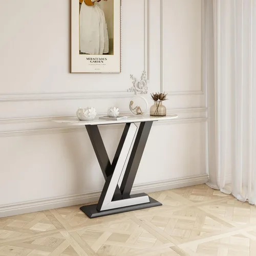 Vista 4 de Mesa consola moderna de 47.24 pulgadas, mesas de entrada con mesa de piedra sinterizada y base de metal, mesas decorativas estrechas para pasillo