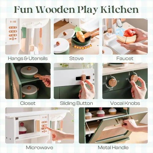 Vista 7 de ROBOTIME Juego de cocina con nevera de juguete, horno de juguete, juego de cocina de madera para niños, juego de cocina de juguete para niños de 3 4
