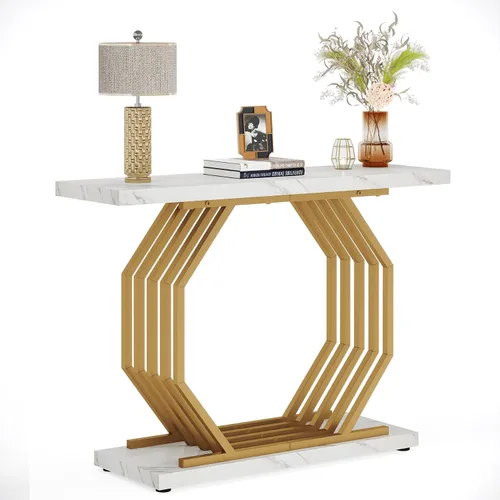 Vista 6 de LITTLE TREE Mesa consola dorada de 40 pulgadas, mesa de entrada de mármol sintético, mesa de sofá estrecha, mesa decorativa moderna para sala