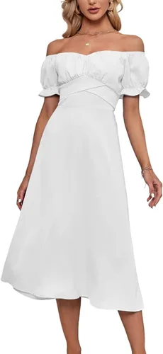 Vista 3 de LYANER - Vestido fruncido con hombros descubiertos, volantes, cruzado, de manga corta y abombada, para atar por detrás