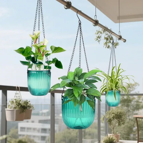 Vista 6 de Paquete de 4 macetas colgantes de riego automático con agujeros de drenaje, color verde