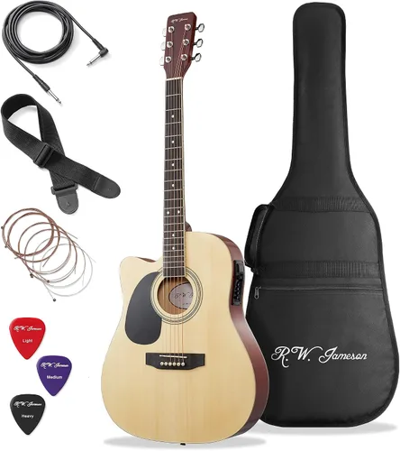Vista 14 de Jameson Guitars - Guitarra eléctrica acústica Thinline de tamaño completo con funda y púas, negra, para diestros