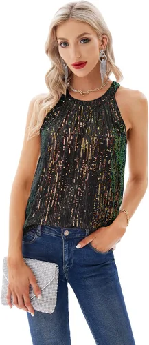 Vista 2 de GRACE KARIN Camiseta sin mangas con cuello halter de lentejuelas para mujer, camisola elegante y brillante, para fiesta, club, cóctel, chaleco