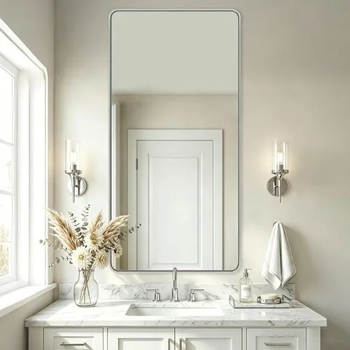 Vista 70 de Espejo de latón para baño, espejo rectangular redondeado de 22x30 pulgadas con marco de metal cepillado dorado, espejo de tocador de baño sin