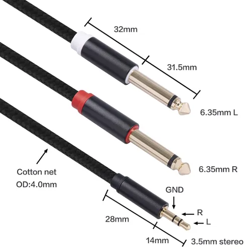 Vista 2 de (3.05m-2PACK) Cable TRS de 3.5mm a divisor en Y estéreo con salida dual de 6.35mm 1/4 TS Mono Compatible con iPhone, tarjeta de sonido