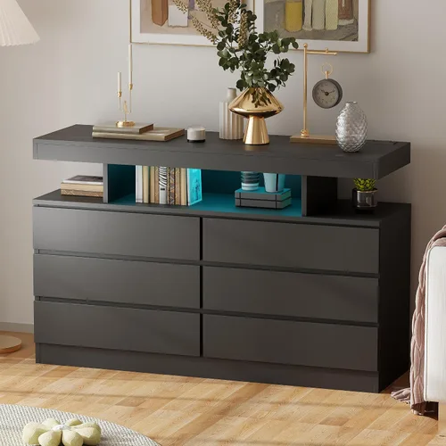 Vista 8 de BEWISHOME Cómoda negra para dormitorio con estación de carga y luces LED, cómoda de 6 cajones, cómodas de madera para armario, cómodas modernas