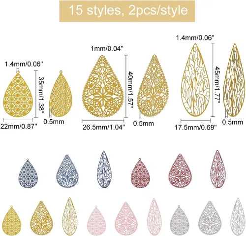 Vista 2 de BENECREAT 30 dijes de gota de lágrima para hacer aretes pintados en aerosol con agujero de 0.069 pulgadas, 15 estilos de adornos para hacer joyas