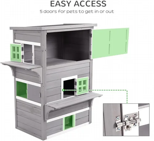 Vista 3 de 3-Tier Wooden Cat House for Outdoor and Indoor Use with Raised Floor and Asphalt Roof Gray Cat Shelter with Escape Doors and Jump Platforms