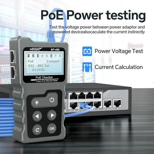 Vista 2 de NOYAFA NF-488 - Probador de cable POE para alimentación sobre Ethernet, comprobación de continuidad de cable de red, detector de bucle invertido POE
