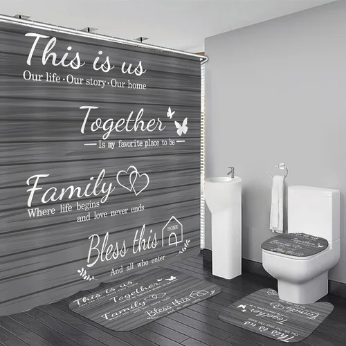Vista 12 de Juego de cortinas de ducha familiares AZHM Negro para baño con cortina de ducha y alfombras y accesorios Decoración de baño con cortina y 12 ganchos