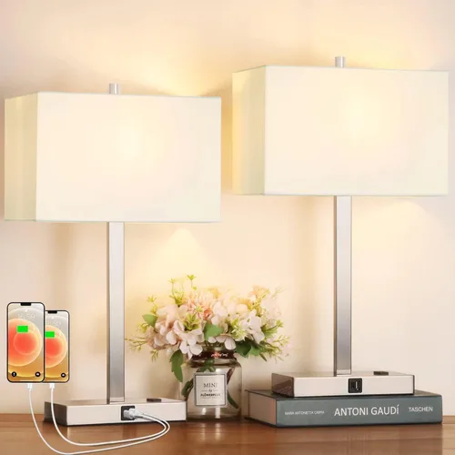 Vista 18 de Lynnoland Juego de 2 lámparas de noche de 21 pulgadas con tomas USB A+C y CA, control táctil, regulables de 3 vías, para dormitorio, sala de estar