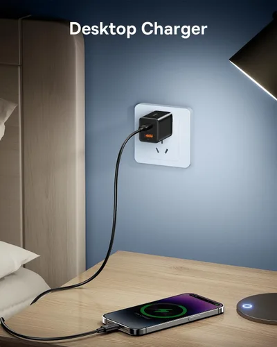 Vista 7 de Baseus Bloque de cargador USB C PD de doble puerto de 30 W, compacto rápido con enchufe plegable para iPad Pro/Air/Mini, iPhone 15/15 Pro/15 Pro