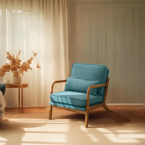 Vista 19 de Bonnlo - Silla de acento moderna de mediados de siglo con tela de lino beige, sillones de descanso con acolchado de madera maciza para sala
