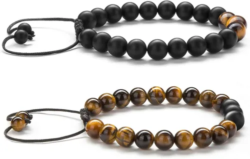 Vista 4 de Pulsera elástica Hamoery con cuentas naturales de ojo de tigre de 8 mm, para mujer y hombre Juego de 2 piezas 1-21018