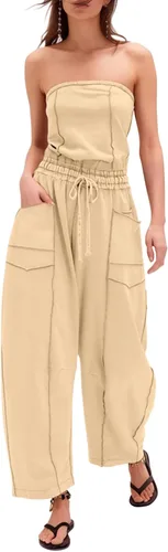 Vista 9 de Sexyasasii Overol casual sin tirantes para mujer, con hombros descubiertos, pantalones largos de pierna ancha con cordón y bolsillos
