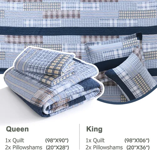 Vista 5 de Finlonte Edredón tamaño King, 100 % algodón, juegos de colcha tamaño King, colchas a cuadros azules, beige y blancas, ligeras, suaves