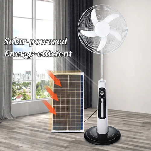 Vista 2 de Ventilador de pie oscilante solar de 16 pulgadas, ventilador de piso de pedestal con luz LED con panel solar de 5 aspas para el hogar, dormitorio