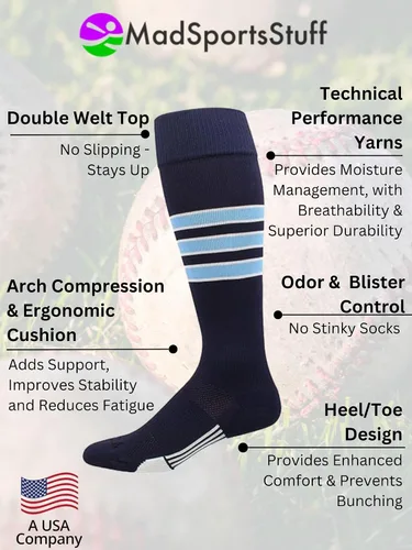 Vista 2 de MadSportsStuff Dugout - Calcetines de sóftbol de 3 rayas (varios colores)