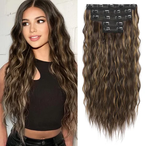 Vista 17 de REECHO Extensiones de cabello con clip, 5 piezas, de 24 pulgadas, de color rubio ceniza, extensiones de cabello con ondas largas y sueltas, HE002