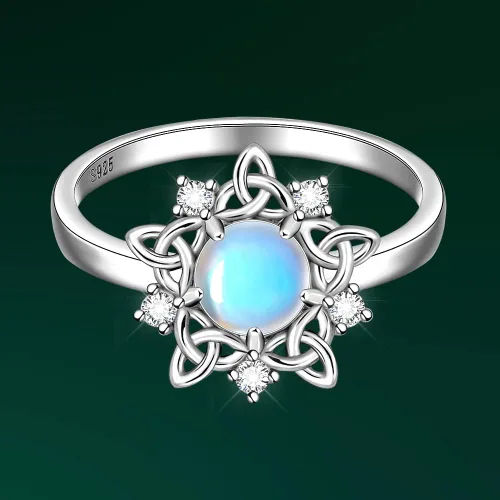 Vista 2 de Anillo de piedra lunar con nudo celta, piedra de nacimiento de junio, anillos de compromiso celta de eternidad, anillos de compromiso para mujer