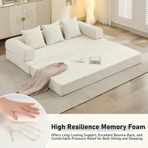 Vista 4 de Sofá de compresión, sofá cama convertible, sofá modular con almohada, cómodo sofá de tela de felpilla con espuma viscoelástica, sofá de piso