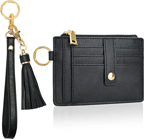 Vista 8 de Cartera con llavero de pulsera, cartera de cuero con correa de pulsera, bolsillo delgado RFID para tarjetas de crédito con cordón, Negro -, Plegable