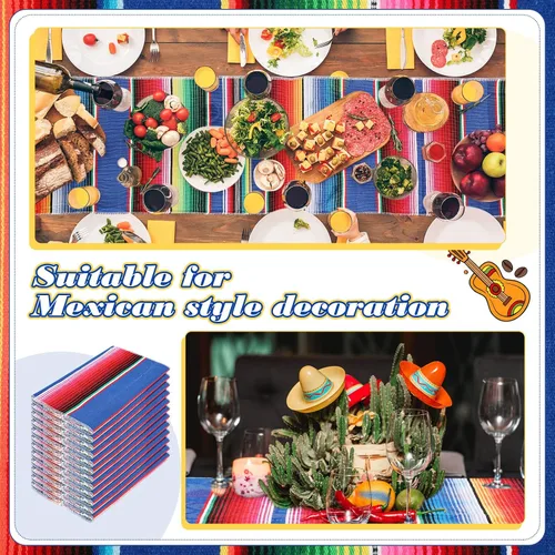 Vista 3 de 24 piezas de camino de mesa de sarape mexicano tejido a mano con flecos de algodón, camino de mesa colorido a rayas mexicanas para decoraciones