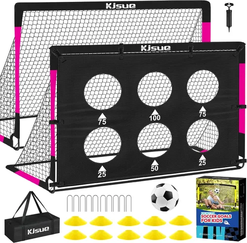 Vista 12 de Juego de portería de fútbol infantil para patio trasero – 2 porterías de fútbol de 6 x 4 pies, equipo de entrenamiento, red de fútbol para niños