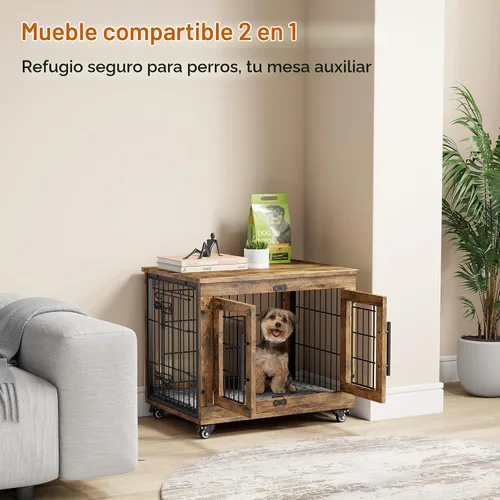 Vista 2 de Muebles de jaula para perros pequeños, perrera resistente de 27.1 pulgadas con cojín y ruedas Rustic Brown, Double Doors, Wooden Dog Cage