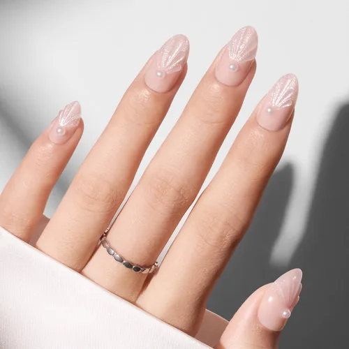 Vista 15 de Modelones Uñas postizas a presión con punta francesa de almendra, uñas postizas cortas de almendra para mujer, kit de uñas reutilizables