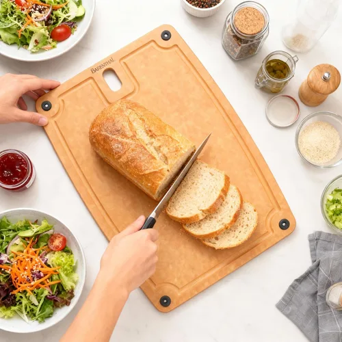 Vista 7 de Juego de 2 tablas de cortar para cocina, aptas para lavavajillas, ecológicas, tabla de cortar reversible con asas y ranuras para jugos, tabla