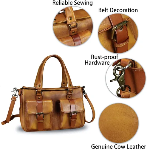 Vista 6 de Bolso de cuero genuino para mujer, estilo retro, hecho a mano, con asa superior, bolso de hombro, bolso cruzado de diseñador
