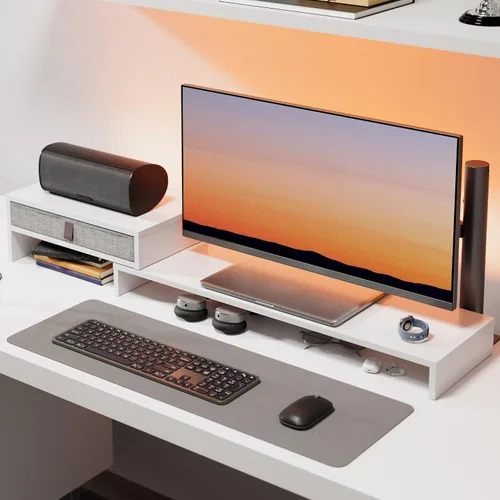 Vista 6 de Fenge Soporte elevador para monitor de computadora con cajón para 2 o 3 monitores, longitud y ángulo ajustables, soporte de computadora portátil
