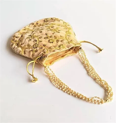 Vista 4 de Bolsa de terciopelo bordada para mujer, bolsa con cordón, regalo de boda dorado para mujer