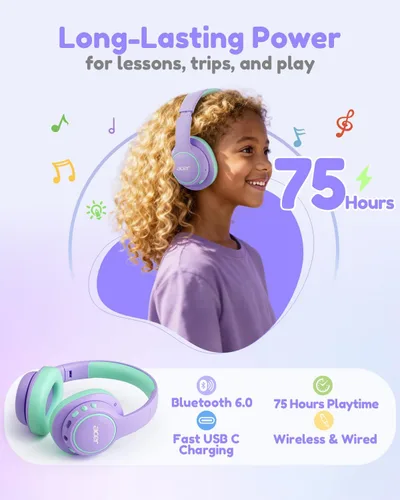 Vista 5 de Acer OHR702 - Auriculares Bluetooth para niños con micrófono integrado Violeta Verde