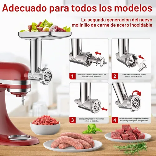 Vista 4 de Accesorios de acero inoxidable para molinillo de alimentos para batidoras de pie KitchenAid, incluyendo relleno de salchichas, acero inoxidable
