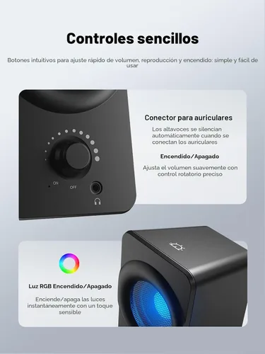 Vista 4 de Bluedee Altavoces de computadora para PC de escritorio, altavoces de PC de doble controlador con luces RGB, altavoz USB compacto con cable Plug &